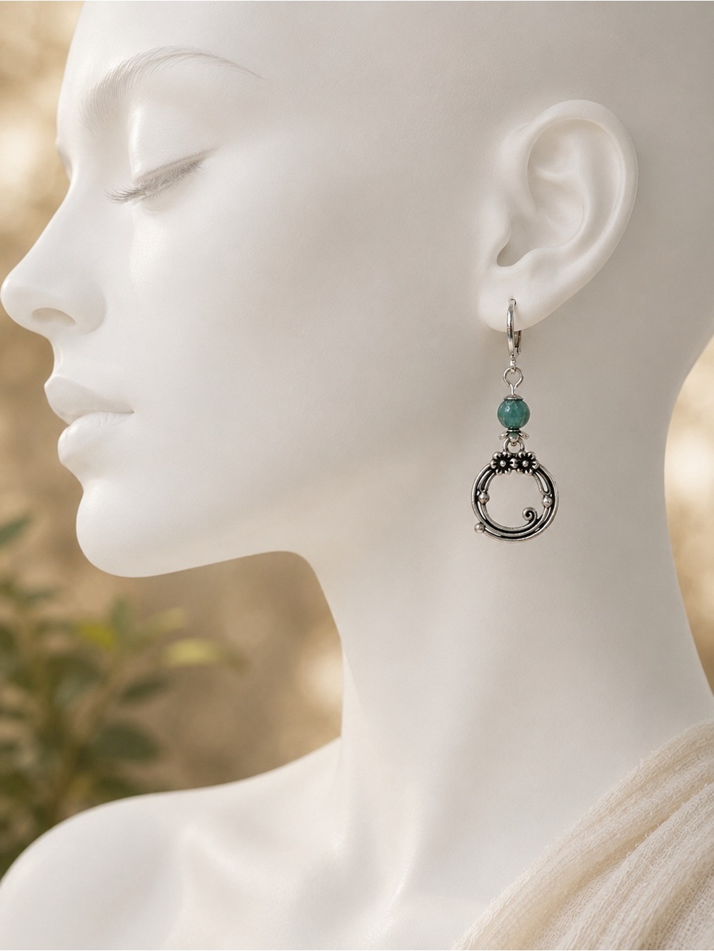 Turquoise Aqua Silver Scroll Earrings • Boho Floral Dangles - Picture 4 of 7